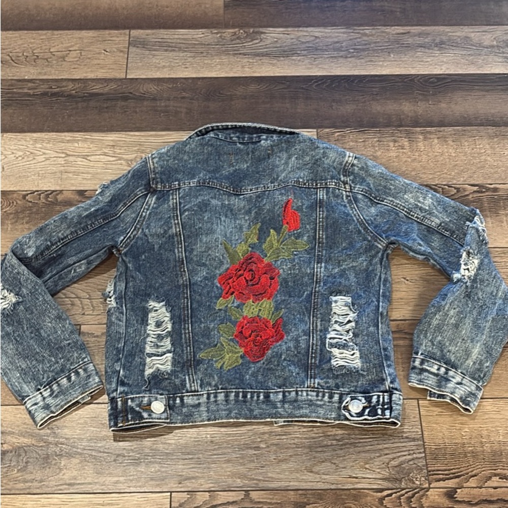 Thrill Blue Rose Print Denim Jacket - Picture 3 of 5